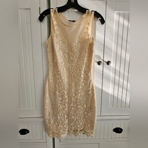 Bebe Sleeveless Embroidered Midi Dress in Champagne